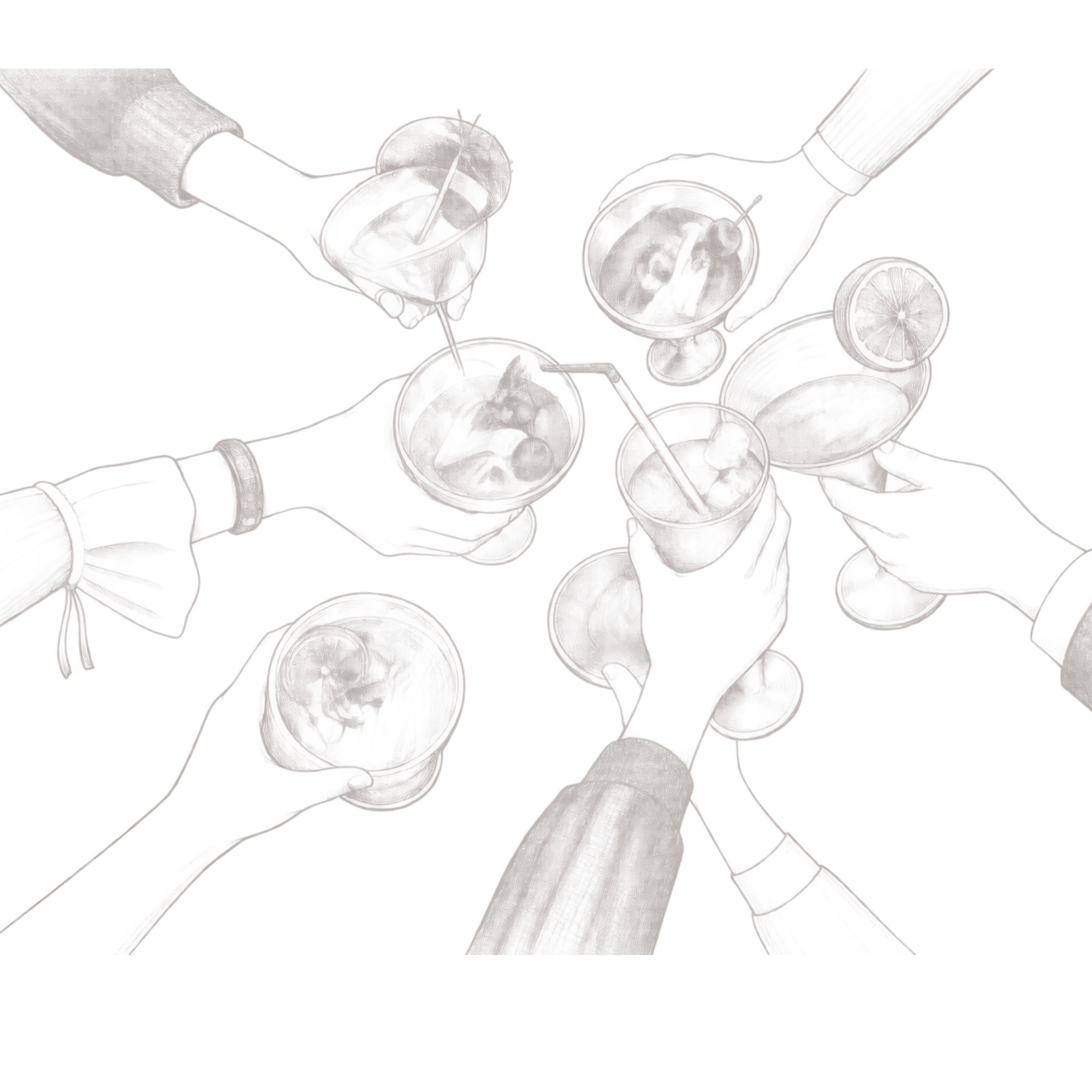 Several hands clinking cocktail glasses together